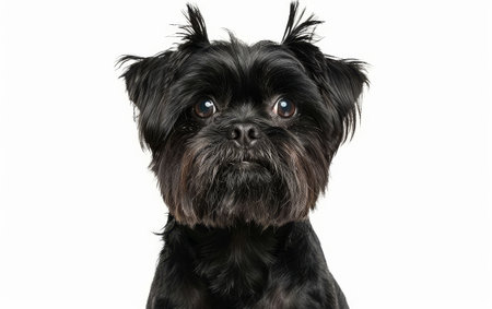 The Affenpinscher's striking gaze is the focal point in this image, set against a pure white background. Its black coat contrasts sharply, adding to the intensity of the momentの素材