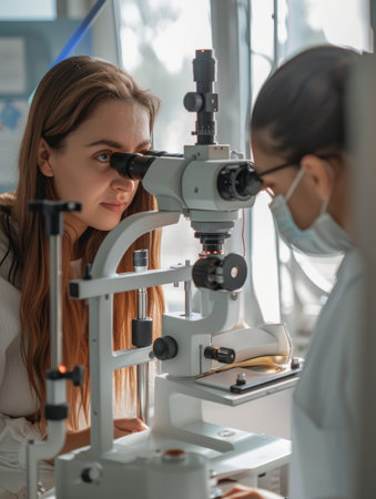 Young woman receiving an eye examination with an ophthalmoscope by a female optometrist in a modern clinicの素材