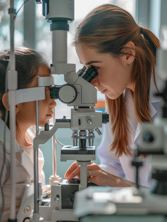 Female optometrist in a clinical setting carefully checks a young girl's vision using ophthalmic equipmentの素材