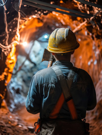 Solemn miner stands in a luminous mine, his silhouette against the lightの素材