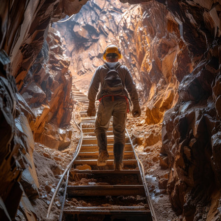 Miner climbing the railway tracks in a rocky mine shaft lit by sunlight from aboveの素材