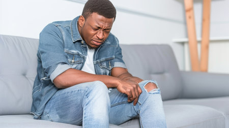 A young man wins in discomfort, holding his knee while sitting on a sofa. His troubled expression conveys the intensity of his knee pain.の素材