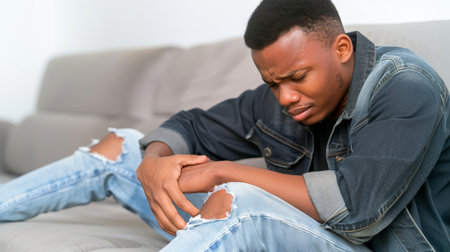 A young man sits on a couch clutching his stomach, a pained expression on his face. The discomfort is evident in his furrowed brow and the careful way he holds himselfの素材
