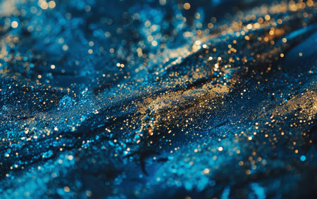 An abstract textured pattern with deep cosmic blue hues sprinkled with glints of gold, evoking the infinite depth of a star-studded galaxyの素材