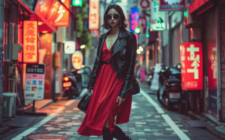 A fashion-forward woman stands out against the neon-lit backdrop of Tokyo, her red dress and black leather jacket epitomizing urban chicの素材