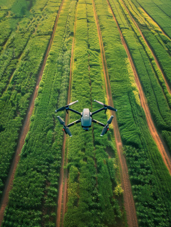 A quadcopter drone flies over vibrant green crop rows, its advanced technology aiding in precision farming and sustainable agriculture. The symmetry of the fields contrasts with the drone's sleekの素材