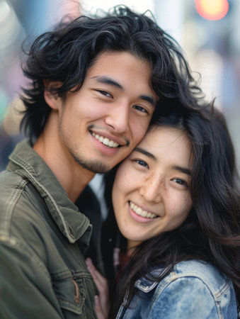 A candid shot of a Japanese couple enjoying a lively moment on a bustling street, their genuine laughter and relaxed demeanor reflecting the dynamic city life around themの素材