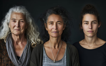 Poignant portrayal of three generations of women, from elderly matriarch to young adult, each embodying resilience and strength.の素材