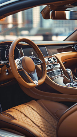 The tan leather steering wheel and quilted seats in this luxury car illustrate a commitment to comfort and eleganceの素材