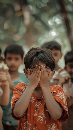 A young boy covers his face with his hands, playing a game among his peers. The innocence of childhood games is captured in this vibrant momentの素材