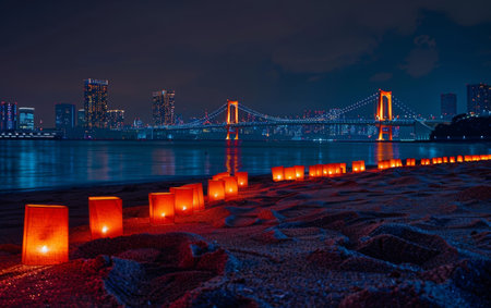 A mesmerizing trail of red lanterns along the sandy shore of Tokyo bay, with the city skyline glowing at night. Japanese Marine Day Umi no Hi also known as Ocean Day or Sea Day.の素材