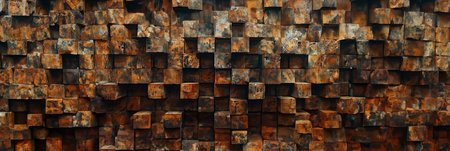 An abstract background composed of stacked, weathered wooden blocks in warm, earthy tones creating a textured, rustic pattern.の素材