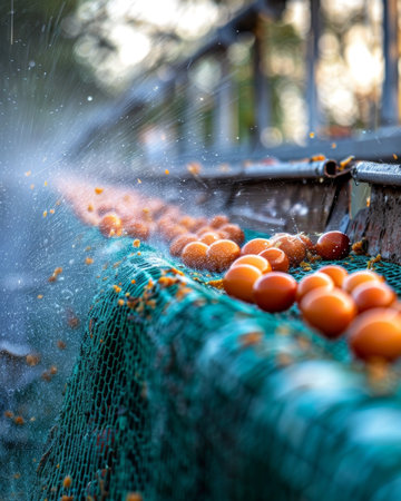 A close-up view of freshly picked tomatoes being washed and cleaned on an industrial conveyor belt, with water spraying over the vibrant red fruit and creating a refreshing, mist-like atmosphereの素材