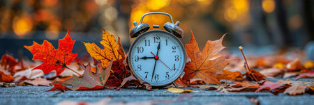 An alarm clock rests on the side of a road, surrounded by fallen leaves.の素材
