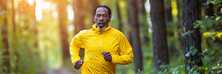 A fit, athletic man jogs through a lush, autumnal forest, surrounded by the warm, golden hues of the changing leavesの素材