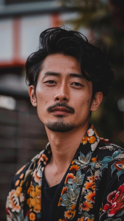 Pensive Young Man in Floral Shirt.の素材