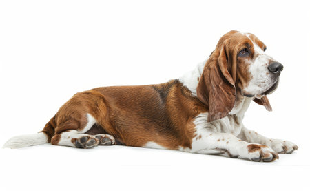 A serene Basset Hound lies gracefully, its brown and white coat spreading out on the floor. The dog's calm demeanor is a picture of tranquilityの素材