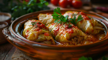 Romanian sarmale in a clay dish, cabbage rolls stuffed with minced meat and rice. A traditional and flavorful dish from Romaniaの素材