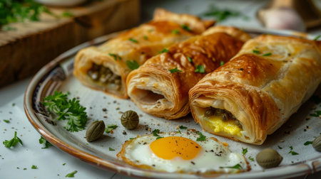 Tunisian brik, a thin pastry filled with egg, tuna, and capers, served on a light plate. A flavorful and traditional dish from Tunisiaの素材