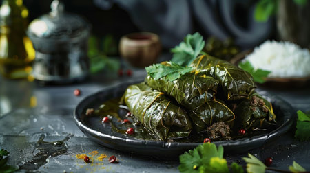 Armenian dolma on a plate, grape leaves stuffed with meat and rice. A traditional and flavorful dish from Armeniaの素材