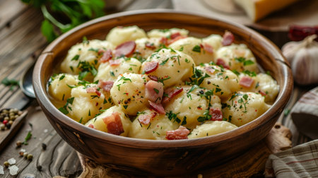 Slovakian bryndzovy halusky in a bowl, potato dumplings with sheep cheese and bacon. A traditional and hearty dish from Slovakiaの素材