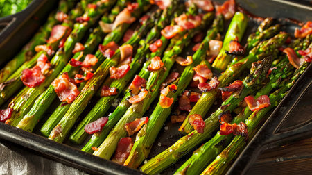 Grilled asparagus and bacon on a baking tray, showcasing a delicious and healthy meal option. The vibrant green of the asparagus contrasts with the crispy bacon, making it visually appealingの素材