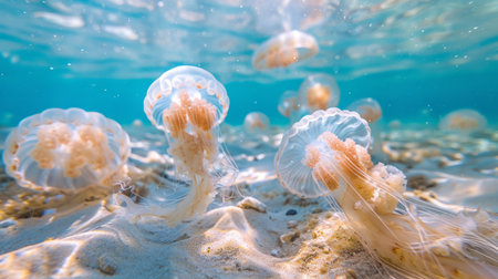 Underwater view of a jellyfish floating near the ocean s surface with sunlight filtering through the waterの素材