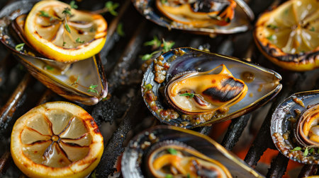 Fresh mussels with lemon and thyme on a barbecue grill.の素材