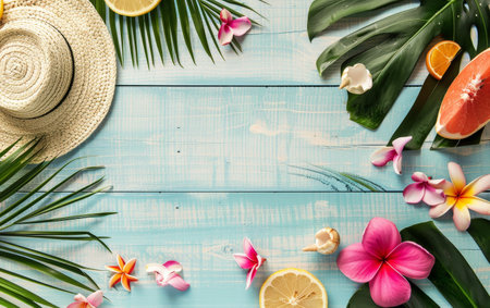 A sun hat, vibrant frangipani flowers, and starfish set on a pastel blue wooden background invoke the spirit of summer and beach holidays.の素材