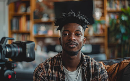 A young man in a cozy library setting, sitting in front of a camera..の素材