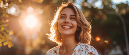 Joyful Blonde Woman Laughing in Sunlight.の素材