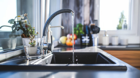 A modern kitchen sink with running water from a stainless steel faucet, illuminated by natural lightの素材