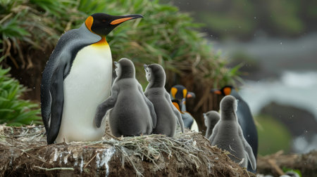 A group of Gentoo penguins with chicks on a rocky nest in a natural habitatの素材