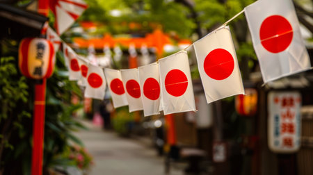 Japanese flag banners displayed with pride alongside traditional red circle lanterns in a serene alley, celebrating Japans rich cultural heritageの素材