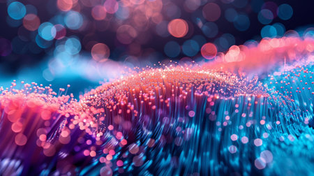 Vibrant close-up of fiber optics with bokeh, symbolizing modern data communication.の素材