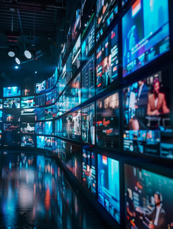 A vibrant control room with multiple screens displaying graphs, data, and news anchors.の素材