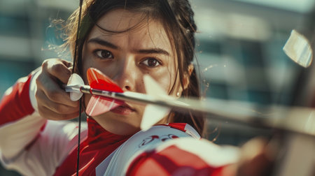 A focused woman confidently holds a bow and arrow, taking aim at a target with determination. Her red shirt stands out against the dark background, highlighting her intense expression.の素材