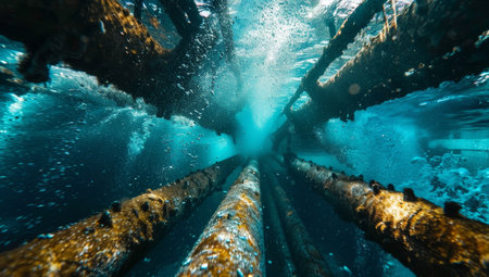Underwater view of oil and gas pipelines with sunlight filtering through water, creating a vivid and industrial scene.の素材