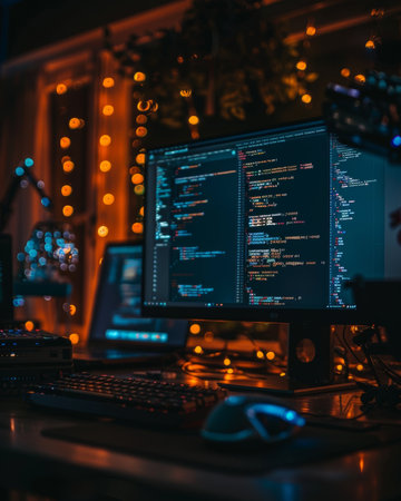 Cozy programmer workspace with multiple screens displaying code, warm ambient lighting, and festive decorations.の素材