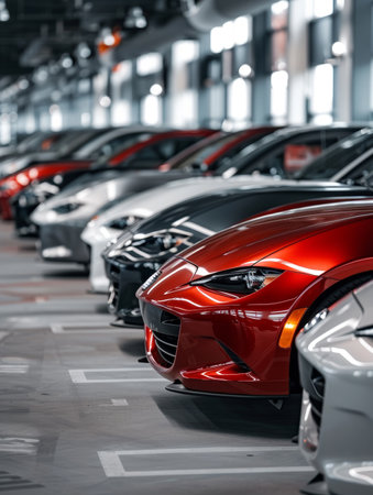 Row of new cars parked in a modern showroom with focus on a red car.の素材