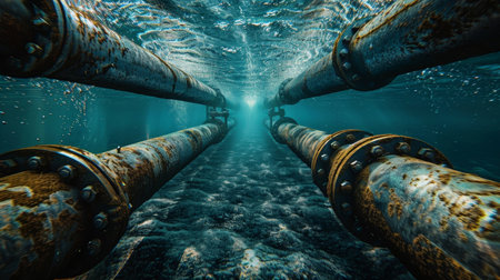 Underwater view of two parallel rusty pipelines extending towards a light source in clear blue water.の素材