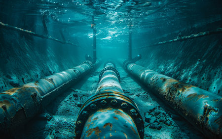Underwater pipeline leading into ocean depths, sunlight filtering through surface.の素材
