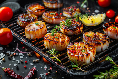 Grilled scallops on a cast iron grill pan, garnished with herbs and spices.の素材