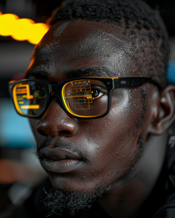 A confident man with a beard and glasses looks directly at the camera, holding a microphone, against a dark background.の素材