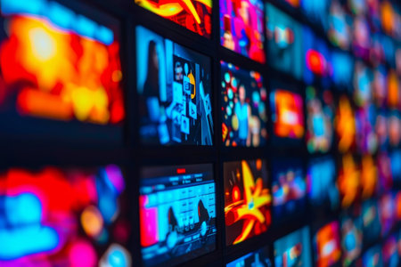 A grid of televisions mounted on a wall displaying vibrant colors and images, creating a captivating visual display.の素材