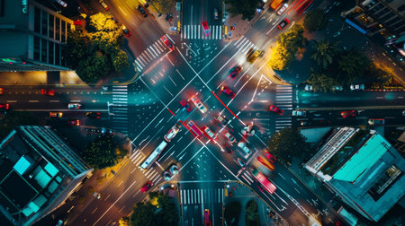 Aerial view of a bustling intersection at night, with glowing traffic lights and vibrant urban life.の素材