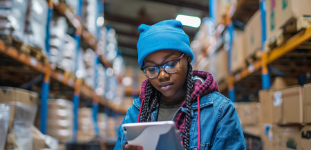A young woman wearing a blue hat stands in a well-lit warehouse, focusing on her tablet as she works. The warehouse is filled with boxes and crates, creating a bustling industrial atmosphere.の素材