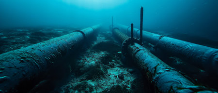 Underwater pipeline installation in ocean depths with clear blue water and marine ambiance.の素材
