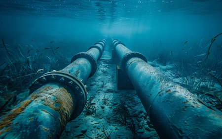 Underwater view of large pipes on the ocean floor, surrounded by marine plants.の素材