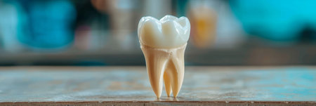 Close-up of a single healthy human molar tooth on a wooden surface with blurred background.の素材